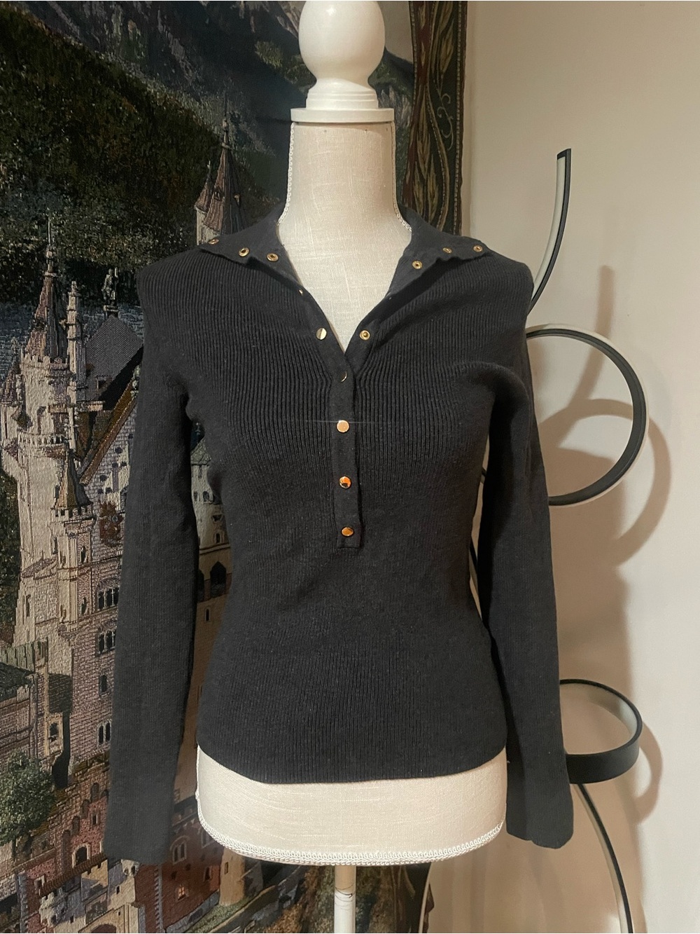 Zara Black Ribbed Snap-Front Top with Gold-Tone Snaps